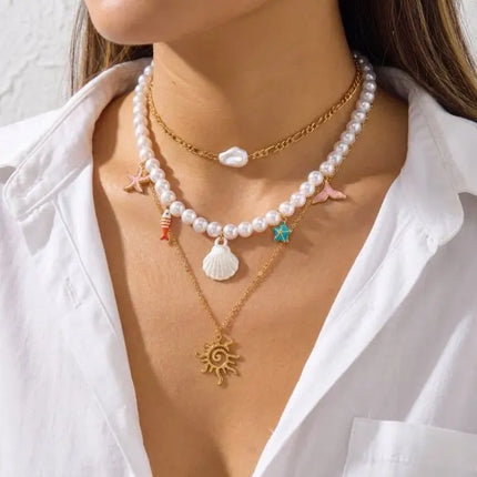 Beach Style Colorful Ceramic Fish Starfish Choker Necklace For Women Ocean Series Scallops Beaded Necklaces Vacation Jewelry