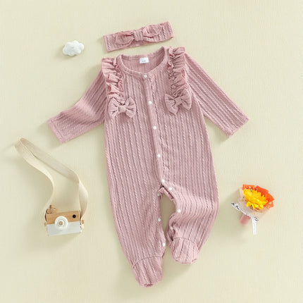 Baby Girl Footed Romper Duck Solid Color Bow Ruffled Long Sleeve Round Neck Jumpsuit with Bow Headband