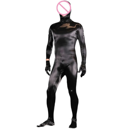 Men Body-Shaping Clothing Shark-Skin PU Shapewear Jumpsuit Faux Leather All-In-One Bodysuit Fully Covered Cosplay Zentai Leotard