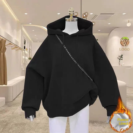 Women's Fleece Lined Hoodie Loose Fit Winter Pure Color Oversize Middle School Style American Korean Jacket Versatile Sweatshirt