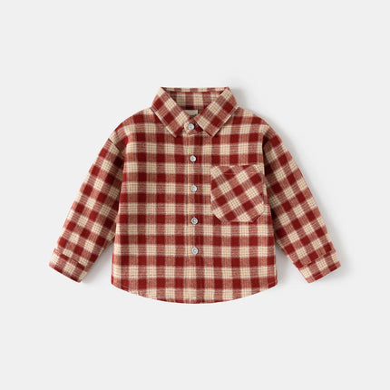 Spring Autumn Kids Plaid Long Sleeve Shirt Korean Style Boys Girls Loose Oversized Top Light Outerwear Casual Children Blouse