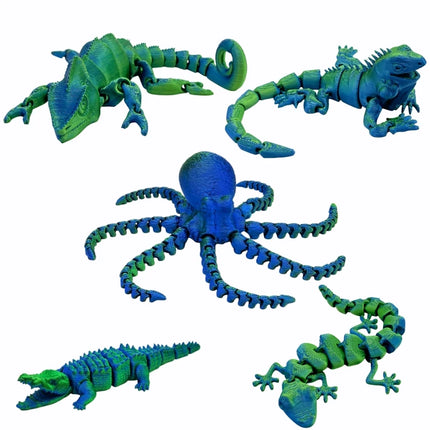 5-Piece Set of Chameleon, Lizard, Octopus, Crocodile, and Gecko Animal Figures, Jointed, Toys，Desktop Ornament, Perfect Gift