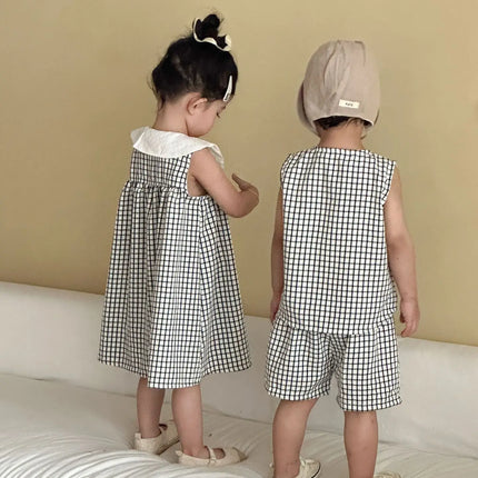 RAISE 2026 Summer Children Outfit Muslin Peter Pan Collar Kids Girls Sleeveless Dress Thin Plaid Tank Top Vest+loose Shorts Suit