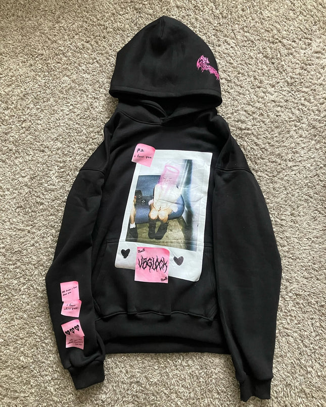 Vintage Y2k Black XoXo Hoodies Women Grunge Hip Hop Streetwear Sweatshirt Tops Goth Oversized Hoodie Women Clothing