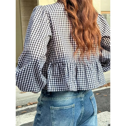 2025 Plus Size Black White Plaid Shirt: Bow Long Sleeve Blouse with Elegant & Breathable Fabric for Office Casual Chic Style