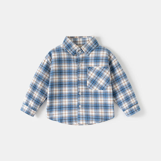Spring Autumn Kids Plaid Long Sleeve Shirt Korean Style Boys Girls Loose Oversized Top Light Outerwear Casual Children Blouse