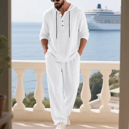 New Men's Linen Hooded Pullover Set - Loose Fit, Comfortable Casual Long-Sleeved Shirt and Wide-Leg Pants - Summer Beach Wear