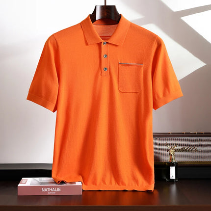 Spring and Summer New Polo Collar 100% Fine Wool Short Sleeve Men's Business Casual T-Shirt with Turn-down Collar and Pocket
