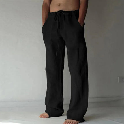 Mens Casual Pants Daily Wear Solid Summer Full Length Soft Linen Pants Mid Waist Pocket Drawstring Trousers Streetwear Bottoms ﻿