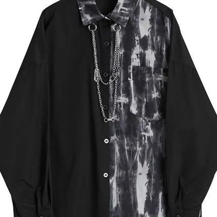 Spring Autumn New Fashion Turn-down Collar Long Sleeve Tie Dye Blouse Men's Clothing Patchwork Chain Button Korean Trend Shirts
