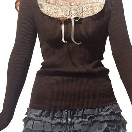 Y2K Women's Long Sleeve Knitted Tops Lace Stitching Neckline Knitwear Bowknot Decoration Slim-Fit T-Shirt Pullovers Clubwear