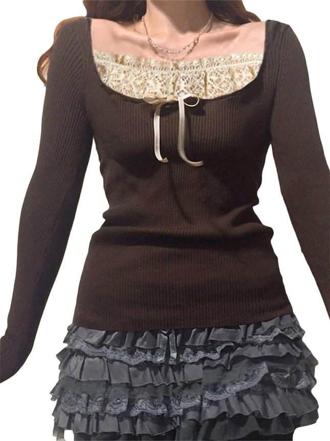 Y2k Women's Long Sleeve Knitted Tops Lace Stitching Neckline Knitwear Bowknot Decoration Slim-Fit T-shirt Pullovers Clubwear