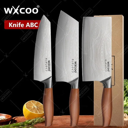 WXCOO Stainless Steel Chef Knife Household Kitchen Knife Laser Damascus Pattern Slicing Scissors Cleaver Fruit Knife Holder
