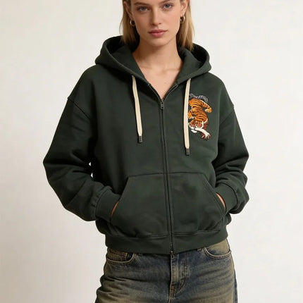 Men's and women's zippered hoodies, dark green tiger patterned hoodies, sportswear, casual streetwear, vintage tops, Spring and
