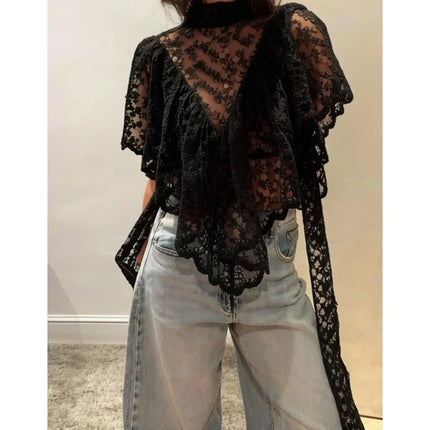 Women Summer Flower Embroidery Lace Sheer T-Shirt Irregular Triangle Ruffled Hem Capes Flutter Sleeves High Neck Top