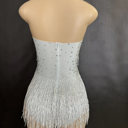 Sparkly Rhinestones Fringe Bodysuit Women Nightclub Party Dance Costume Stage Wear Sexy Tassel Leotard Performance Clothing 7G