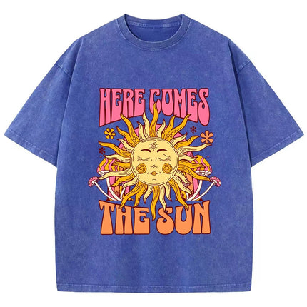 Oversize Women's Washed T-Shirt Cotton Here Comes The Sun Prints T Shirts Casual O-Neck Short Sleeve Tops Loose Women's Clothes