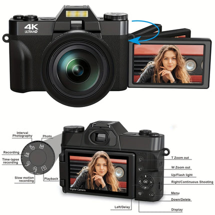 4K Digital Camera for Photography 16X Digital Zoom Vlogging Camera for YouTube 64MP WiFi Auto Focus Video Camera 3" Flip Screen