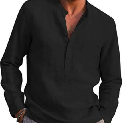 Men's Linen Long Sleeve Shirt - Stand Collar, Button-Front, Single Chest Pocket Casual Tops for Spring Summer
