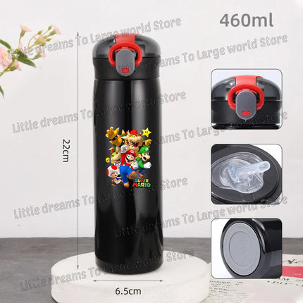 Super Marios Bros 460ml Thermal Cup Men Women Anime Black Straw Bottle Bouncing Lid Portable 304 Stainless Steel Thermo Bottles