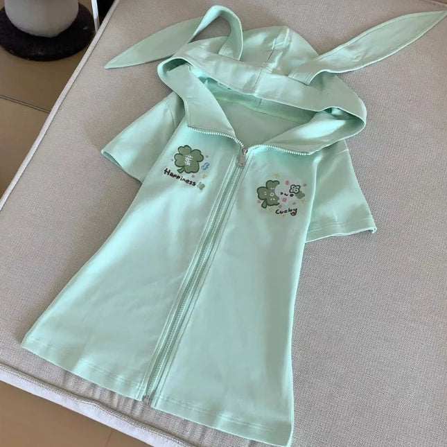 Y2k Japanese Short SLeeve Hoodie Harajuku Women Sweet Patchwork Rabbit Ears Top Casual Subculture Zipper Kawaii Spring Summer