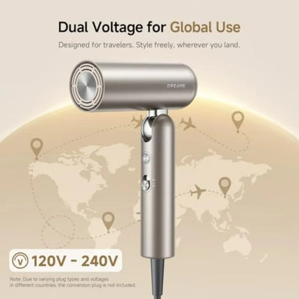 Travel hair dryer for global use, ionic ceramic material, matte black, dual voltage 120V/240V, fast drying with low noise and n