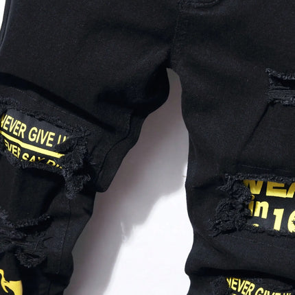Men's Stretchy Ripped Denim Jeans Slim Fit Straight Trousers Elastic Waist Patchwork Holes Tearing Streetwear Casual Pants