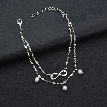 Trendy Gold Color Simple Infinity Symbol Bead Chain Anklets for Women Beach Foot Jewelry Leg Chain 8 Word Ankle Bracelets Jewelr