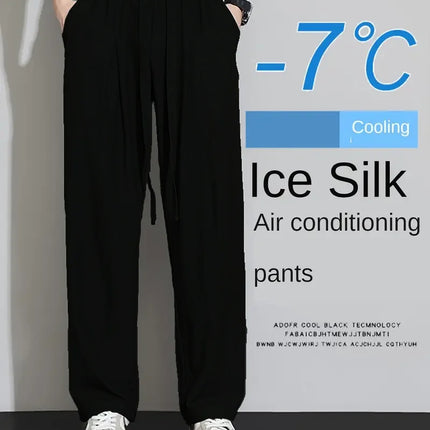 Summer New Arrival Men's Ice Silk Wide Leg Pants - Black Lightweight Breathable Quick-Dry Long Trousers (Cross-Border Exclusive)