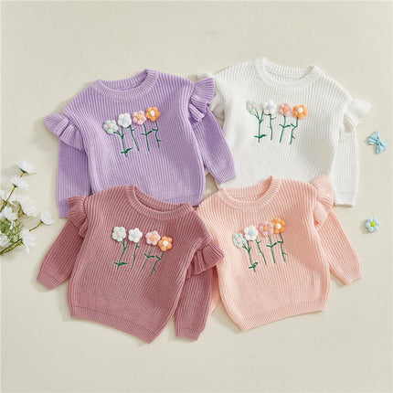 Kids Baby Girl Clothes Children Fall Winter Sweaters Long Sleeve Round Neck 3D Flower Knit Pullover Tops Toddler Chunky Knitwear