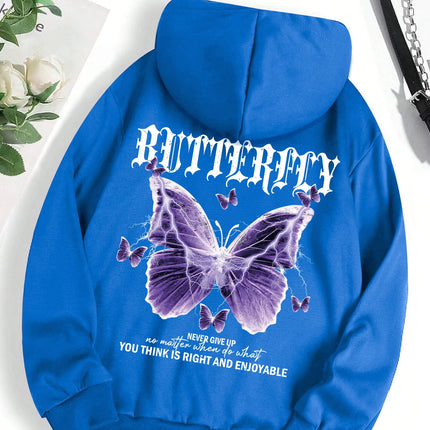Beautiful Purple Butterfly Printing Hoodies Women Fleece Pocket Hoody Simple Casual Hoodie Autumn Loose Female Streetwear