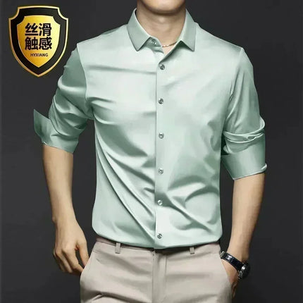 S-6XL Men's Long Sleeve Shirt Luxury Wrinkle Resistant Pure White Shirt Business Dress Casual Ice Silk Glossy Shirt