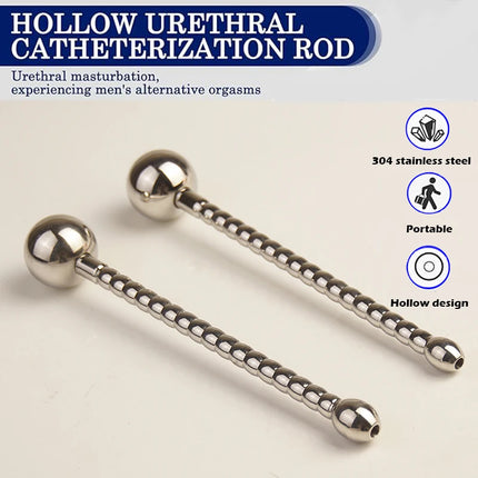 Stainless Steel Ribbed Urethral Sounding Dilator Beads, Metal Penis Plug with Cum Thru Hole,Hollow Urethra Catheter