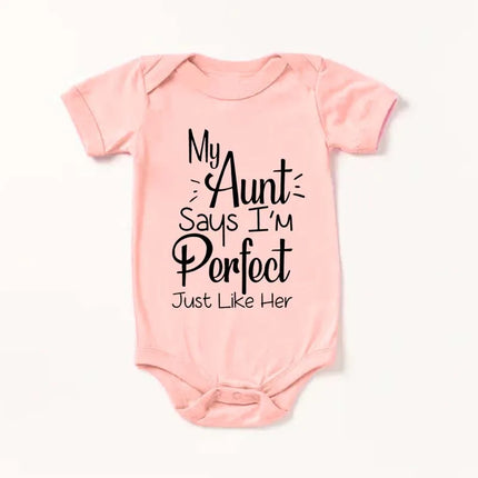 "My Aunt Says I'm Perfect Just Like Her" Funny Letter Printed Newborn Infant Baby Girl Clothes Short Sleeve Jumpsuit Outfits