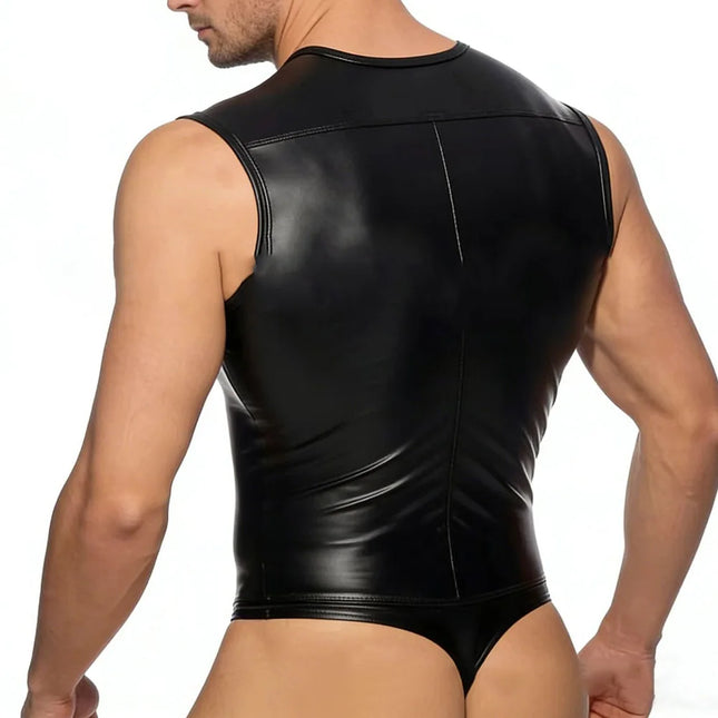 Men Faux Leather Zipper Bodysuit Gay Bulge Pouch Tight Club Wear Tank Tops Vests Sleeveless Slim Fit Imitation Leather Clubwear