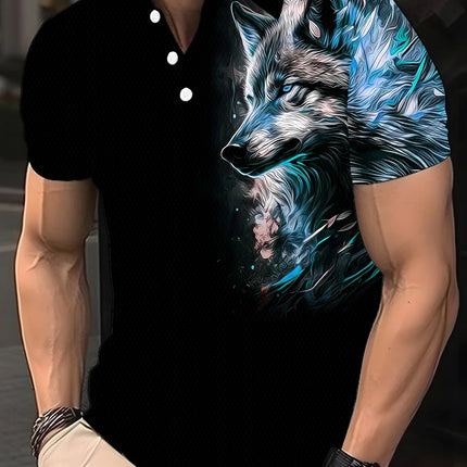Street-style Wolf pattern men's polo shirt, summer T-shirt, short-sleeved animal print hip-hop T-shirt, plus-size casual polo sh