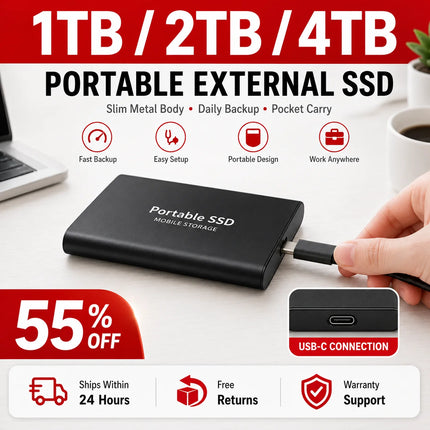 Portable Solid State Drive 2TB External SSD USB-C Hard Drive Compatible with PC Mac Windows