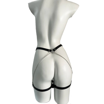 Women Pu Leather Harness Thigh Garter Belt with Chain Sexy Lady Tight Bondage Lingerie Gothic Rave Leg Harness Fetish Accessorie
