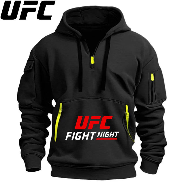 UFC Men's Hooded Sweater Leisure Sports Pullover Retro Harajuku Long Sleeve Casual Loose Coat Zipper Multi-pocket Street Wear
