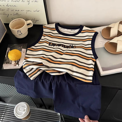 2026 Summer Sport Style Boys Clothing Set Letter Pattern Tank Top+Cargo Shorts 2Pcs Clothes Stripe Children Suit