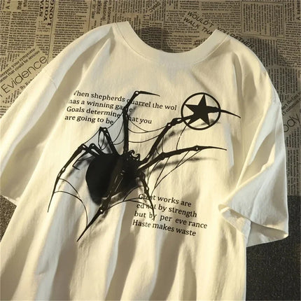 Y2K Korean Streetwear Spider Graphic Acubi Harajuku Egirl Grunge Aesthetic Round Neck Trendy Short-sleeved Top Women's Clothing