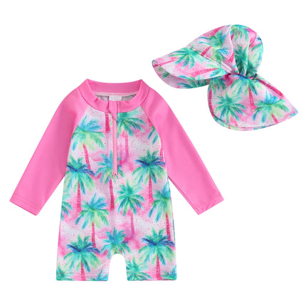 Kids Baby Girls Boys Beach Swimwear Floral/Tropical Tree Print Long Sleeve Zip Up Rompers Swimsuit Bathing Suits with Hat