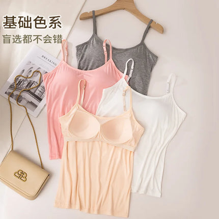 2020 Women Solid Tank Tops Adjustable Strap Built In Cup Padded Wireless Camisole Camis Vest Female Home Basic Tank Top