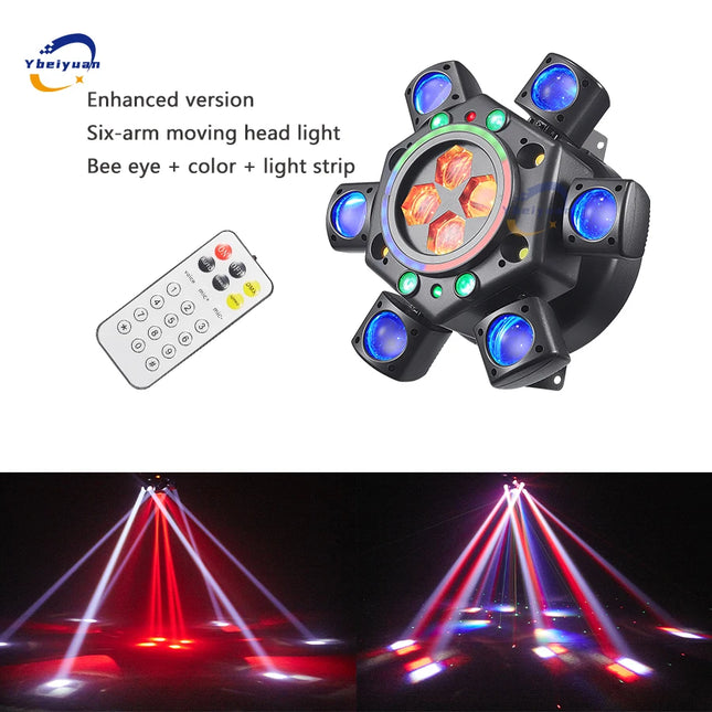 150W RGBW 4-in-1 6-Arm Moving Head Dye Bee Eye Effect Light DMX512 Remote Control DJ Disco Bar Birthday Party Christmas Stage
