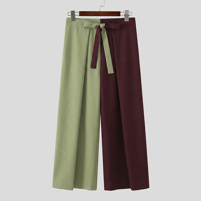 INCERUN Men Pants Patchwork Color-block Lace Up Joggers Casual Trousers For Man Pleated Streetwear Loose 2026 Fashion Long Pants
