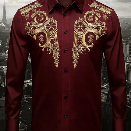 New men's gold printed shirt, soft fabric, comfortable, luxurious, high-quality, long sleeved button up party dress shirt
