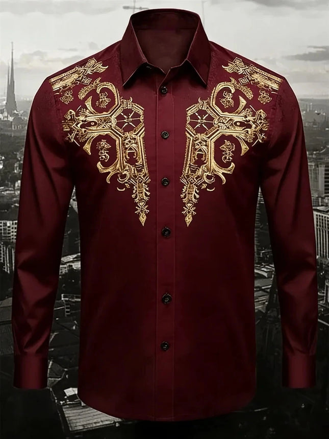New men's gold printed shirt, soft fabric, comfortable, luxurious, high-quality, long sleeved button up party dress shirt