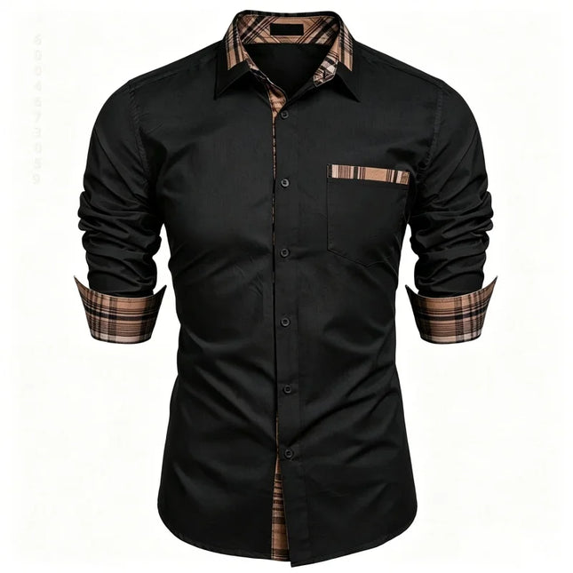 Men's shirt checkered contrasting long sleeved shirt, business casual button up shirt, personalized and trendy men's clothing