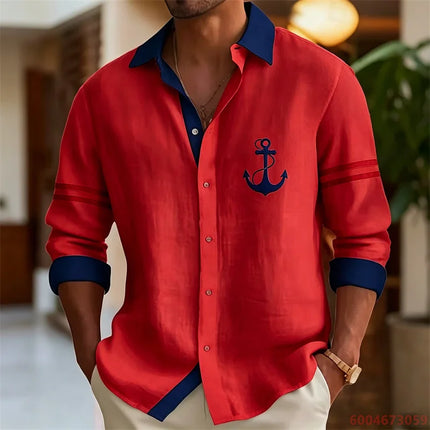 2026 Summer New Men's Long-Sleeve Shirt, Contrasting Collar with Anchor Print, Fashionable Casual Hawaiian Shirt, XS-6XL