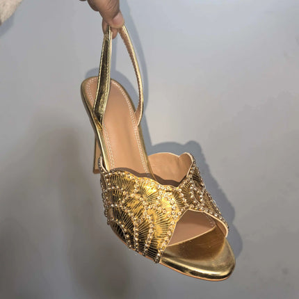2026 French Sequin High-heeled Fashion Runway Show Single Strap, European and American Women's Sexy One-piece Buckle Sandals